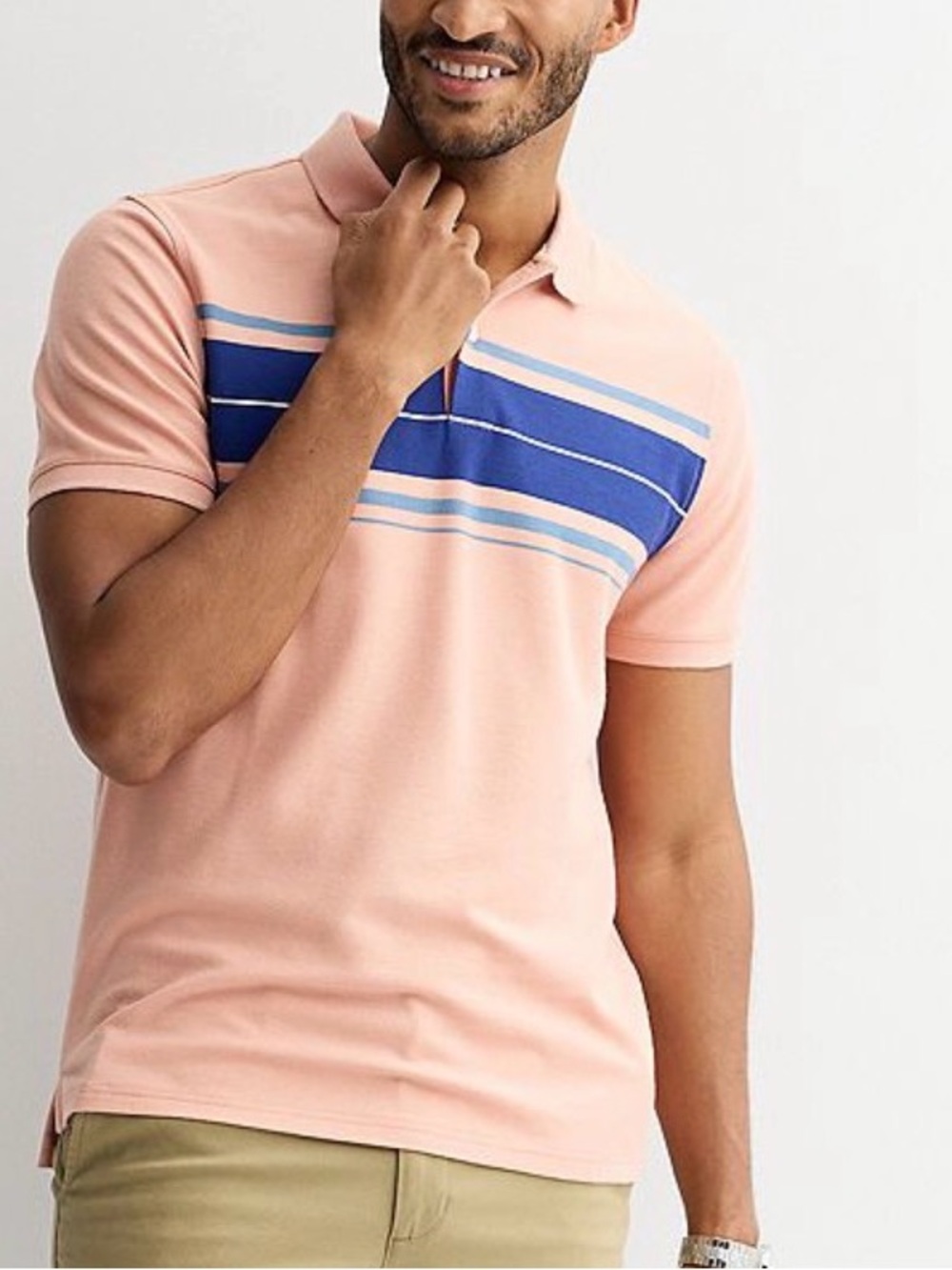 Sonoma Peach Polo with Blue Stripe Accents